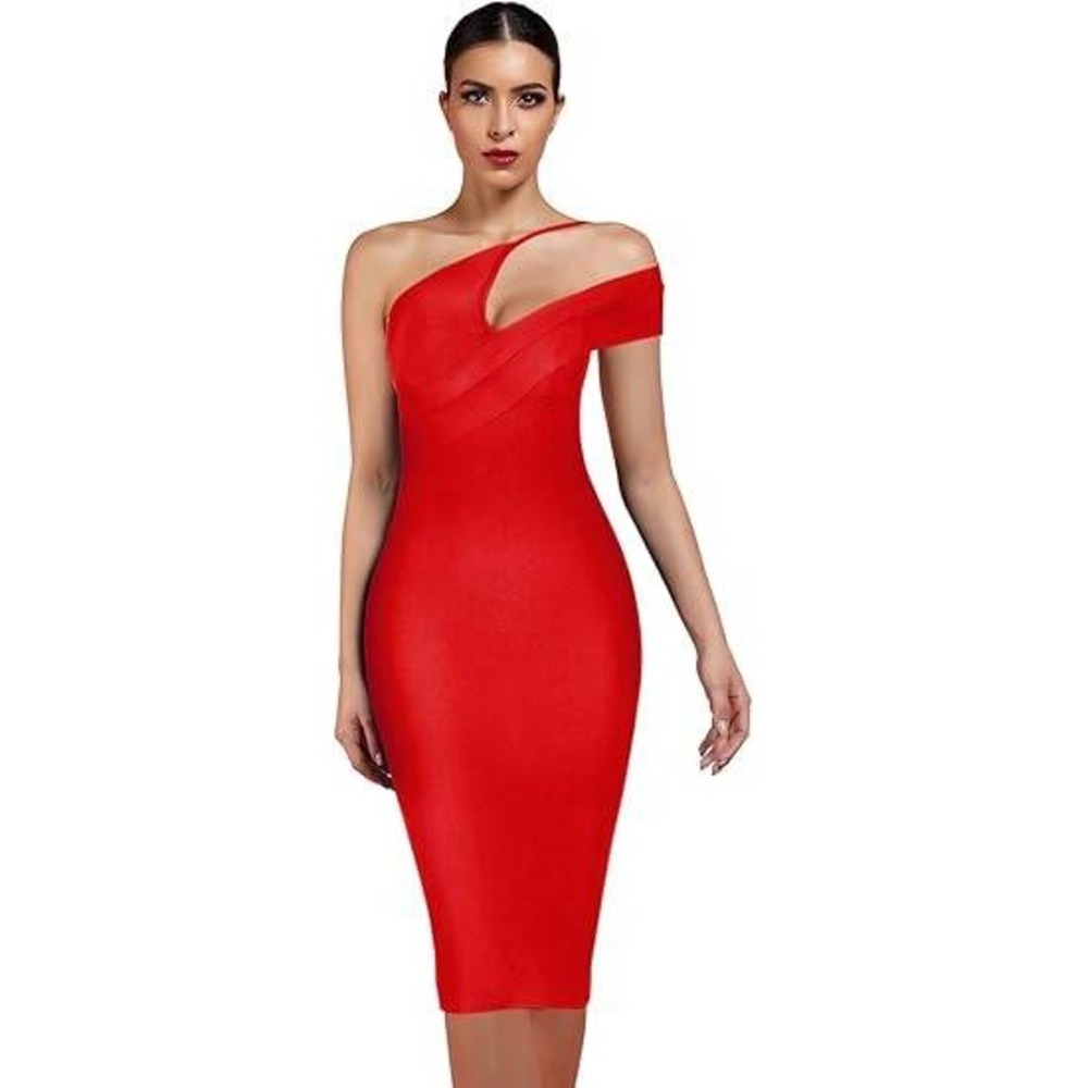 UONBOXโ Women's S Red Cut Out One Shoulder Sleeveless Split Bandage Dress
